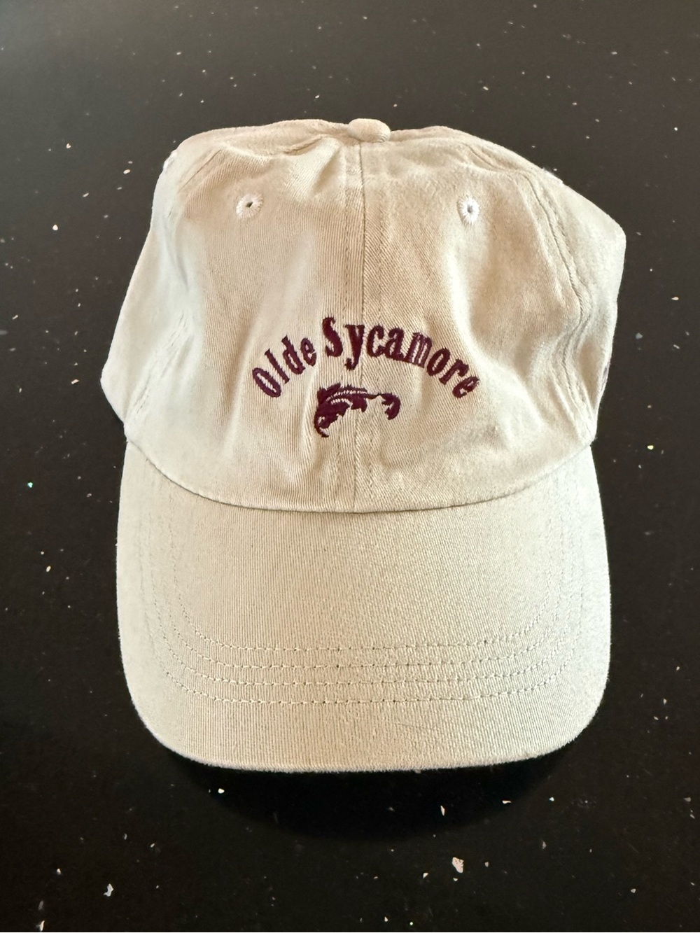 Olde Sycamore Embroidered Baseball Cap - Tan with Maroon Logo